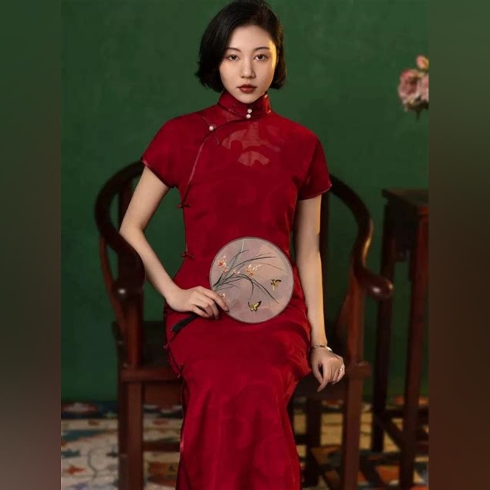Jacquard silk red burgundy long wedding qipao cheongsam beth brian